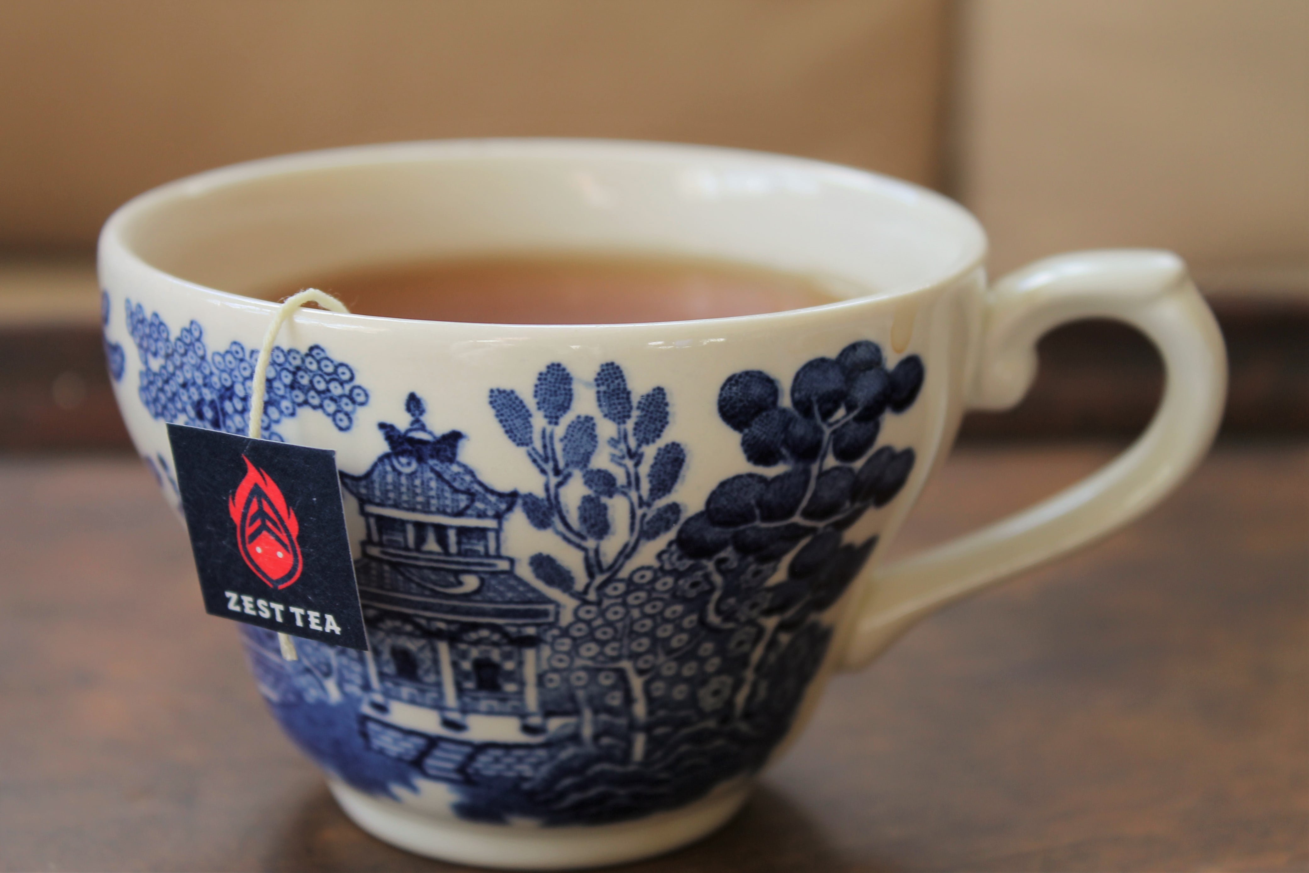 blue willow teacup with zest energy tea
