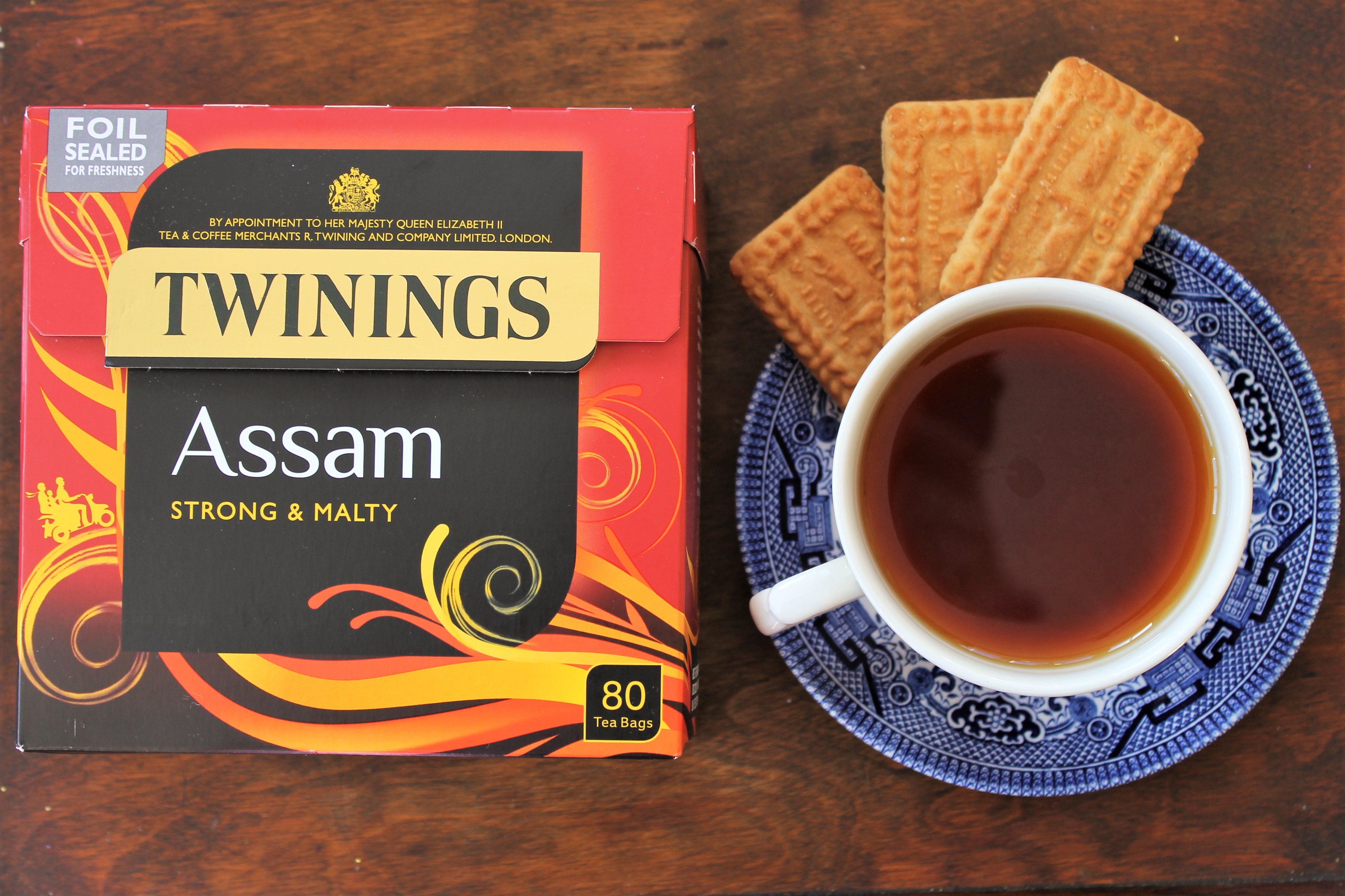 Twinings Assam tea review with malted milk biscuits