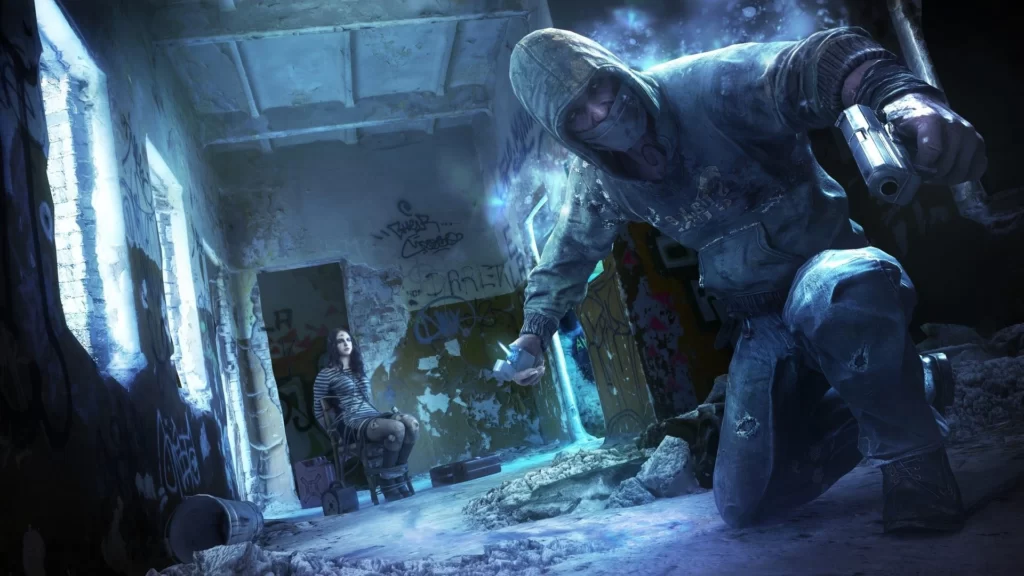 Artwork for Get Even showing the crouching protagonist and the hostage he is trying to free in the background