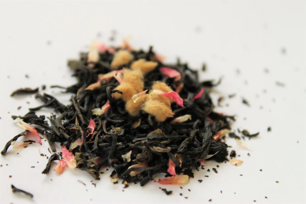 loose leaf black tea with pink petals