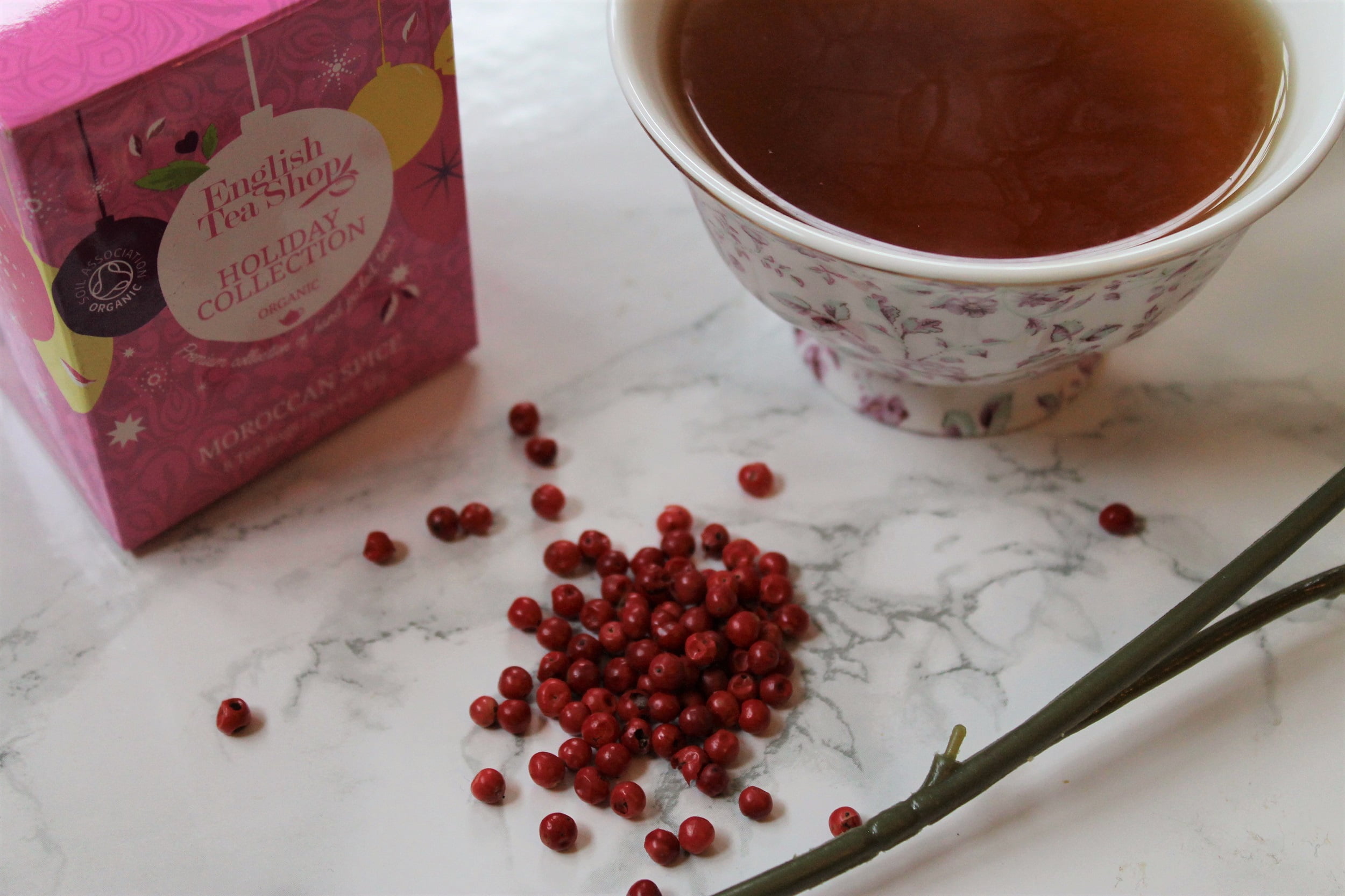 moroccan spice cinnamon tea with pink peppercorns