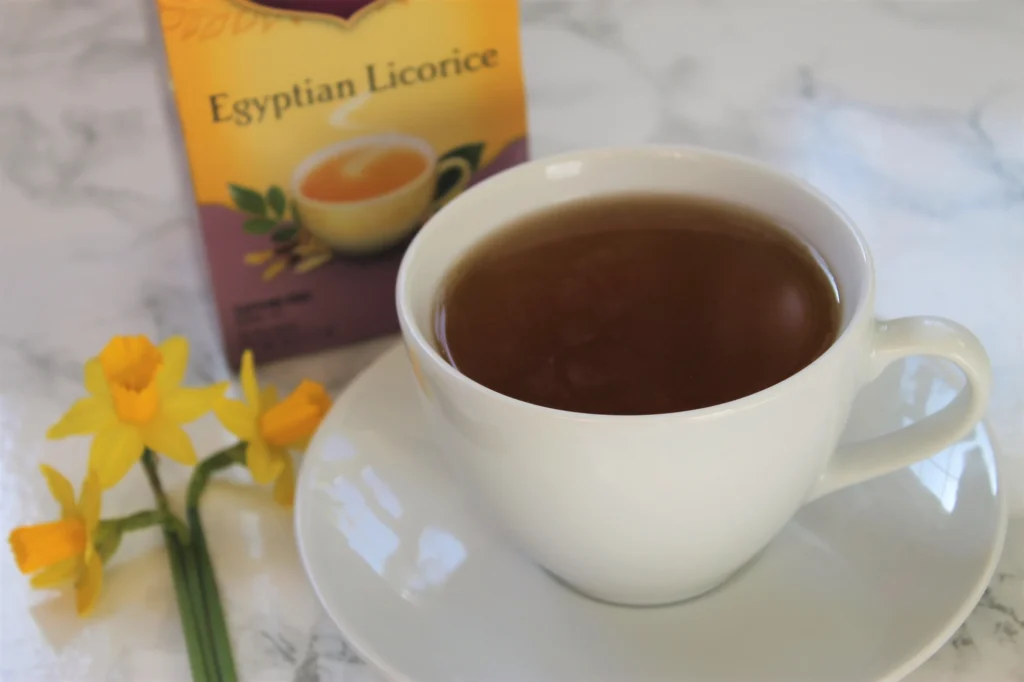 yogi tea egyptian licorice in white teacup