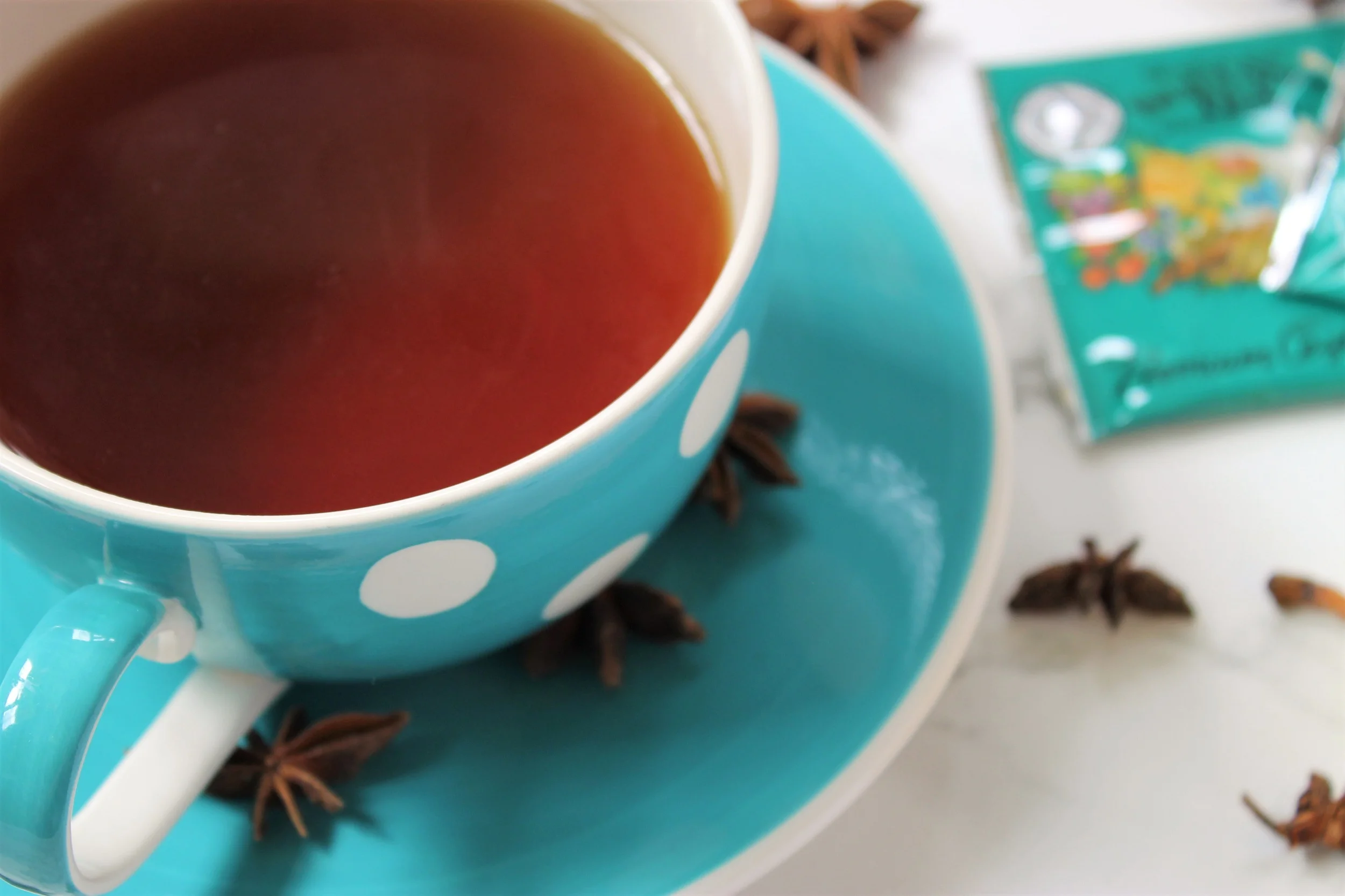 black tea in polka dot teacup mlesna