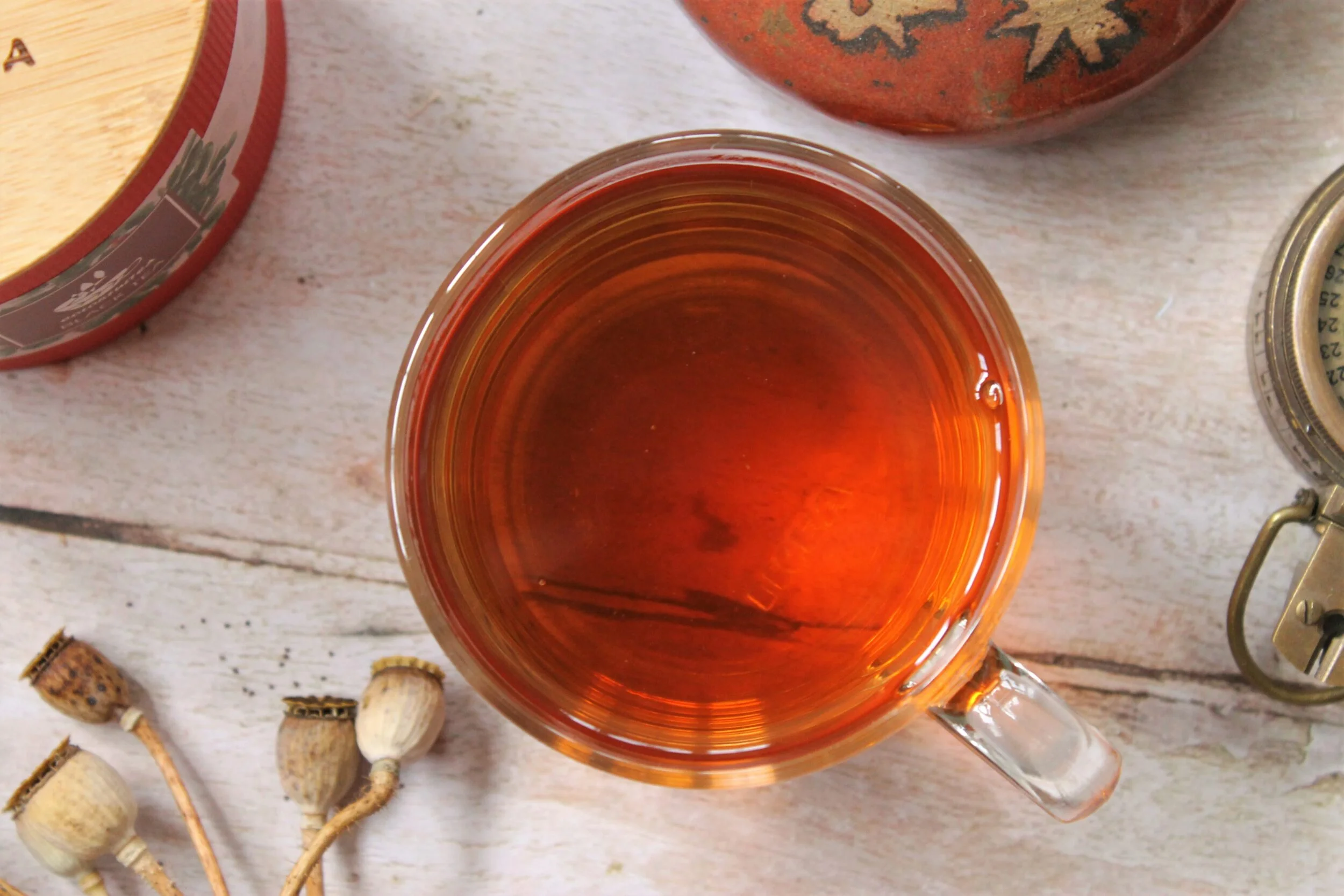 glass teacup with lapsang souchong smoked tea