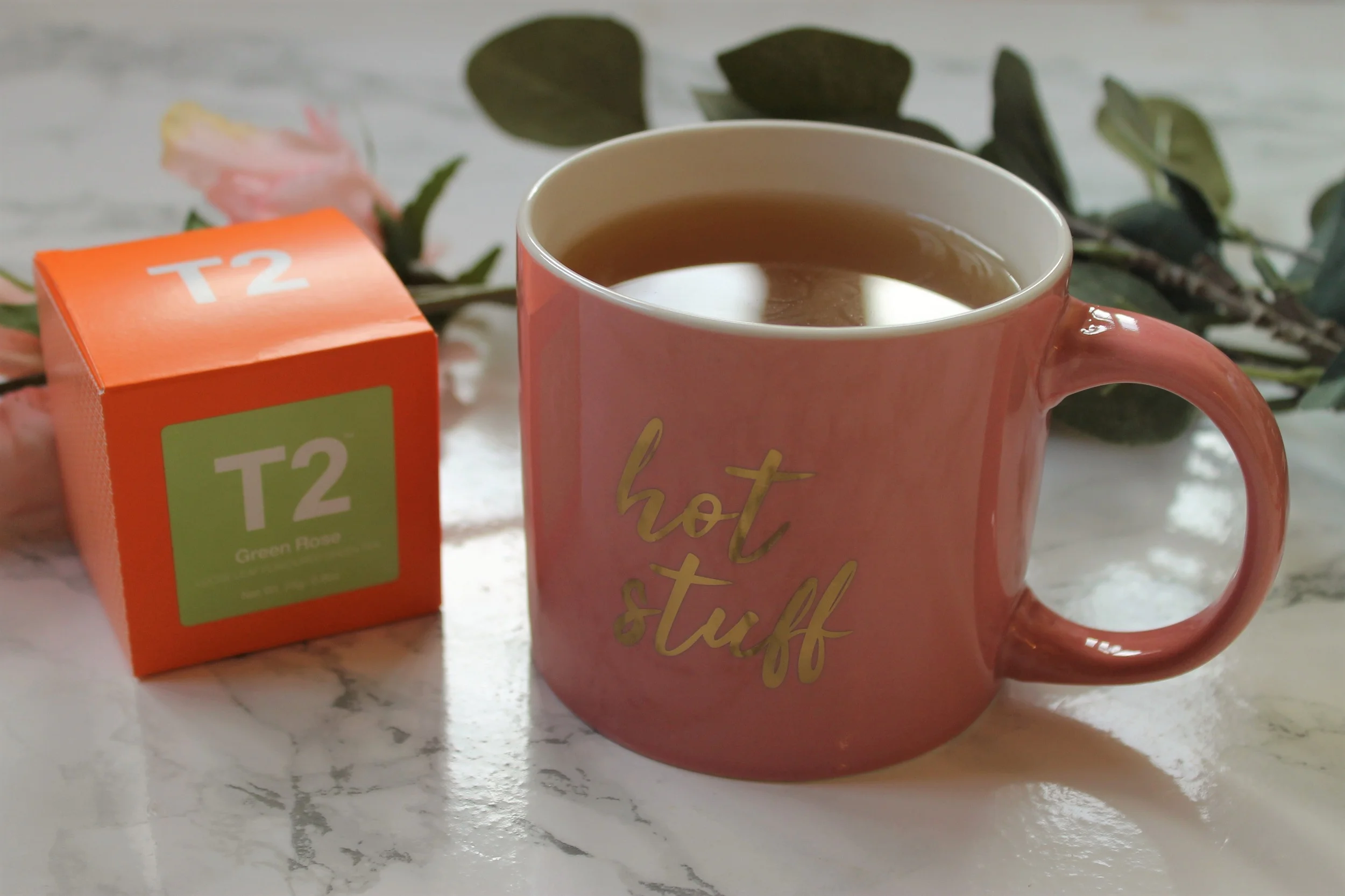 hot stuff pink mug with t2 loose leaf tea