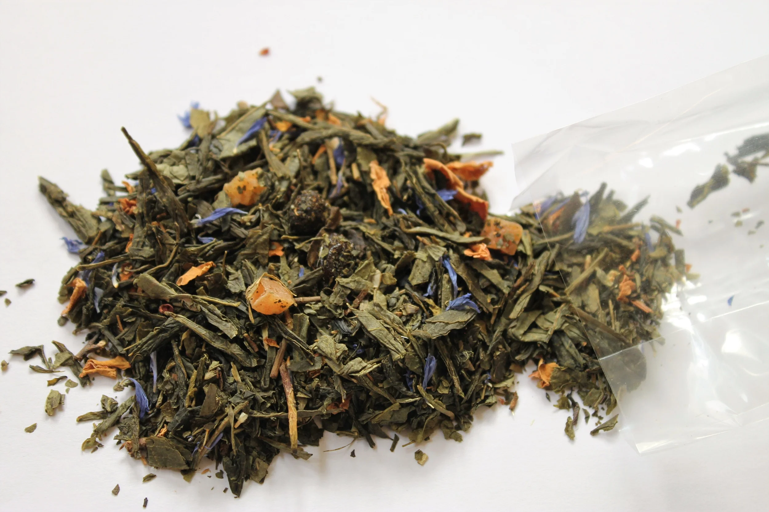 loose leaf green tea with rose and tropical fruits