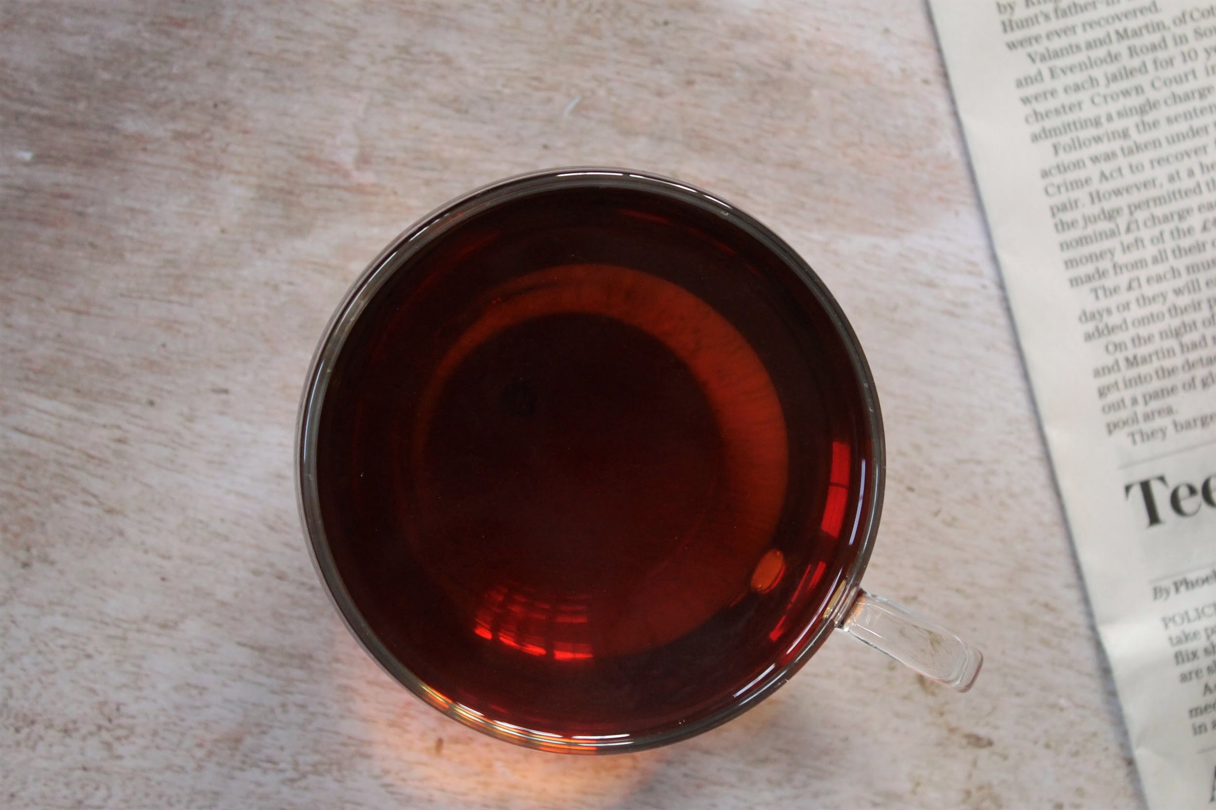 t2 breakfast tea in glass teacup