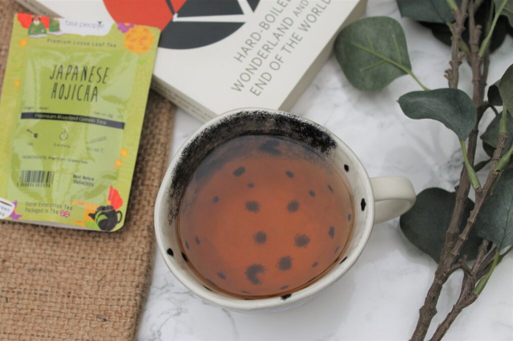 japanese roasted green tea in a white teacup