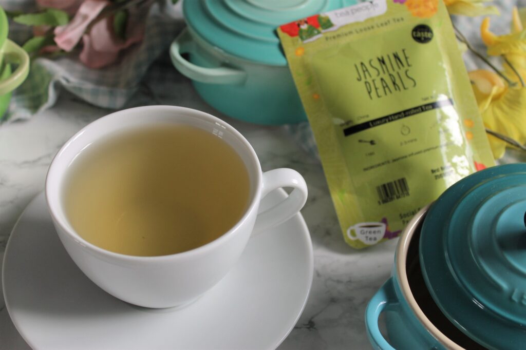 jasmine green tea in a white teacup
