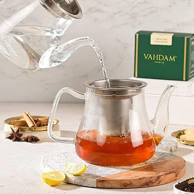 vahdam radiance teapot with stainless steel infuser