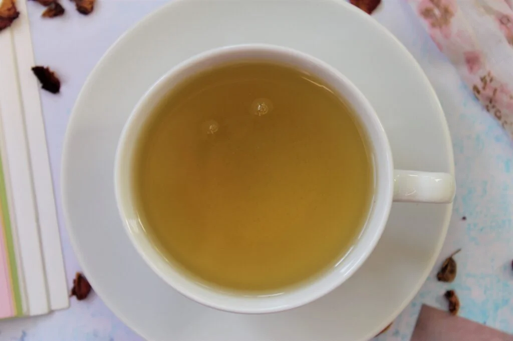 higgins japanese green tea in a white teacup