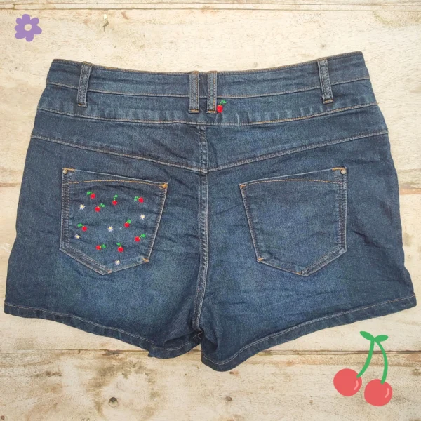 high waist blue shorts with cherry blossom embroidery