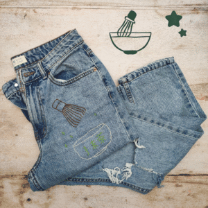 mum jeans with hand embroidered matcha design