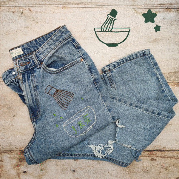 mum jeans with hand embroidered matcha design