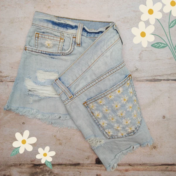 daisy embroidered blue denim mini skirt