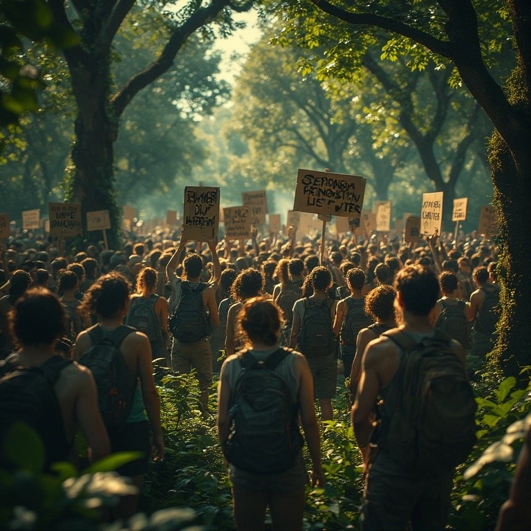 crowd of people protesting in a forest