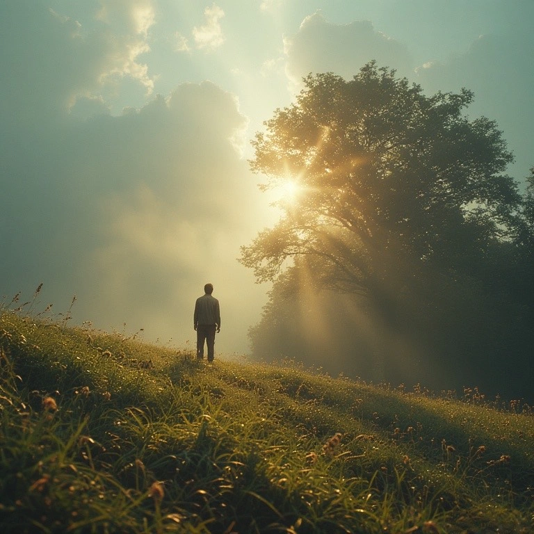 man walking through a meadow towards the sun
