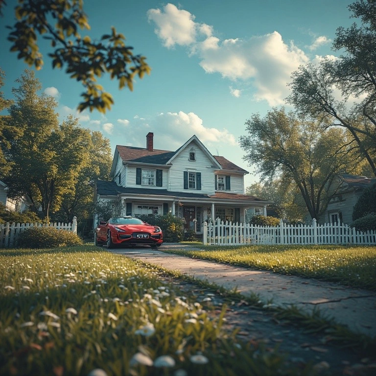 house with white picket fence and red car