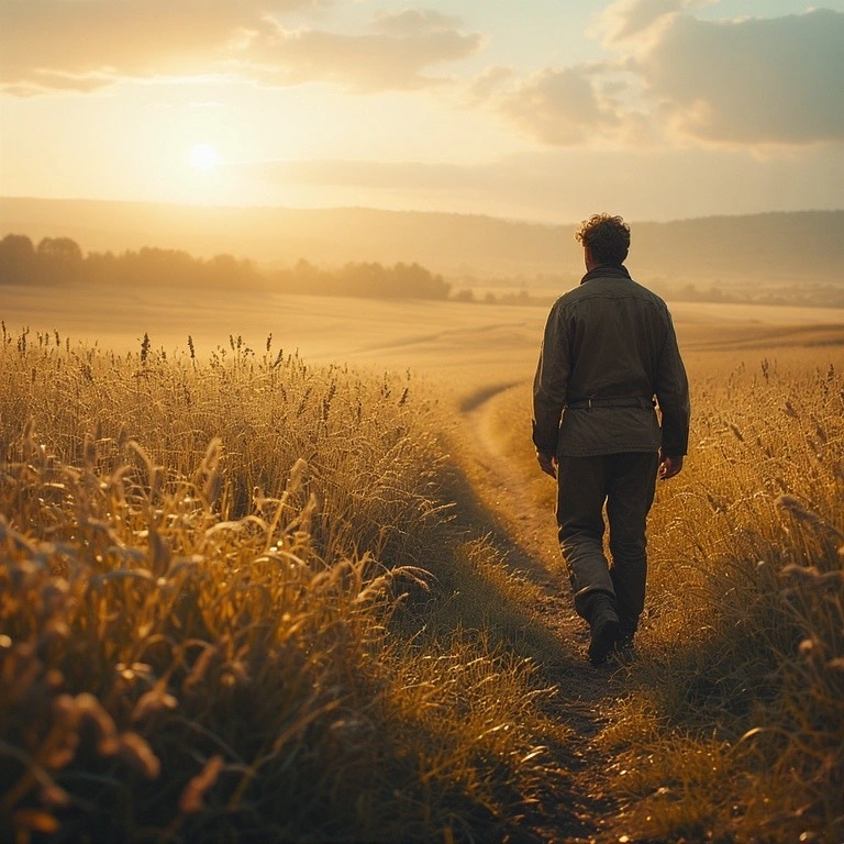 man walking down path at sunset