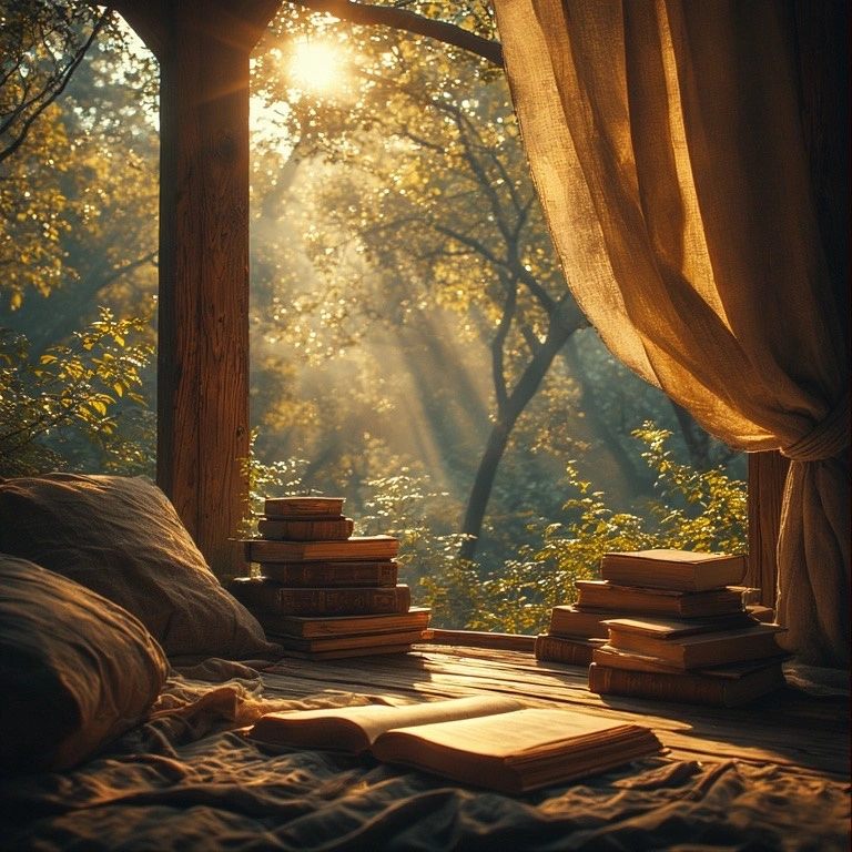 books and pillows in a sunny room