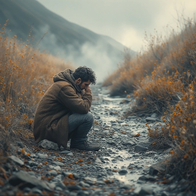 stressed man on a muddy path