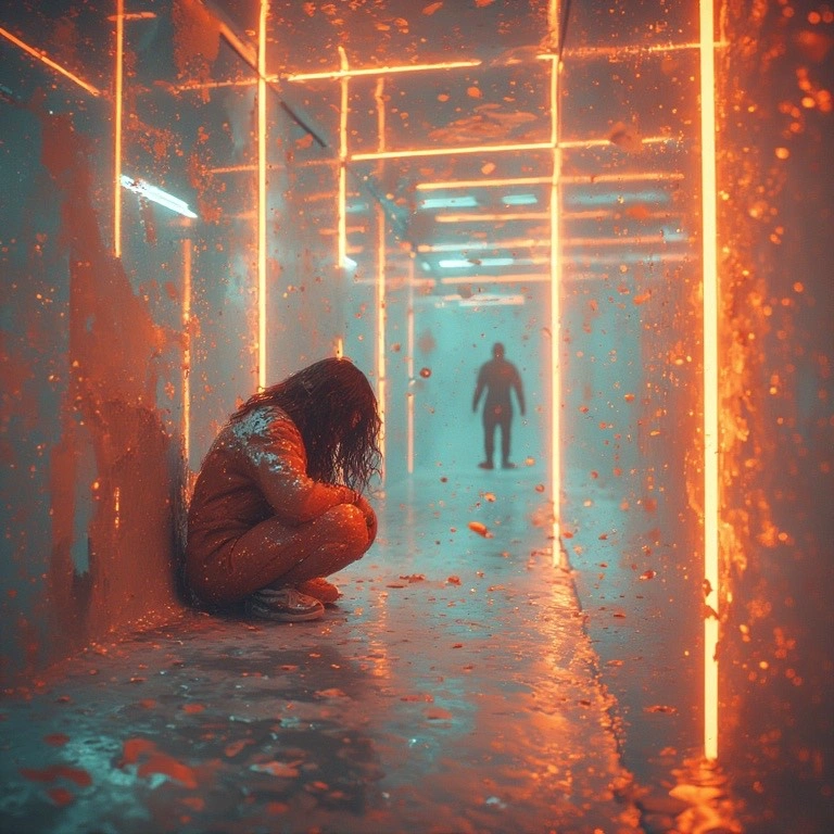 woman crouching with red lights