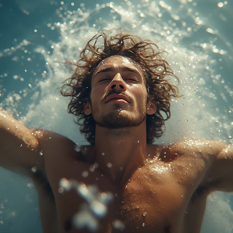 topless man laying back in water