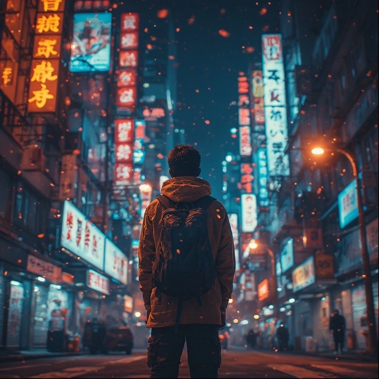 man standing in the street looking at bright lights