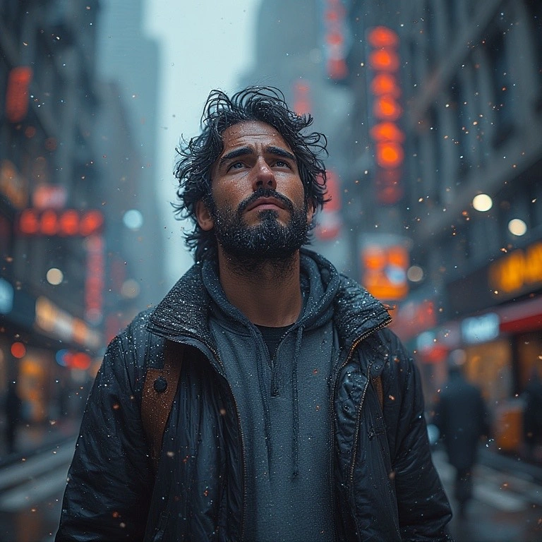 man standing in the street looking up