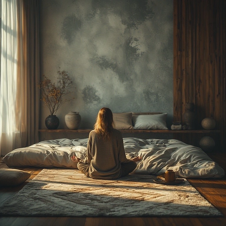 woman meditating by bed