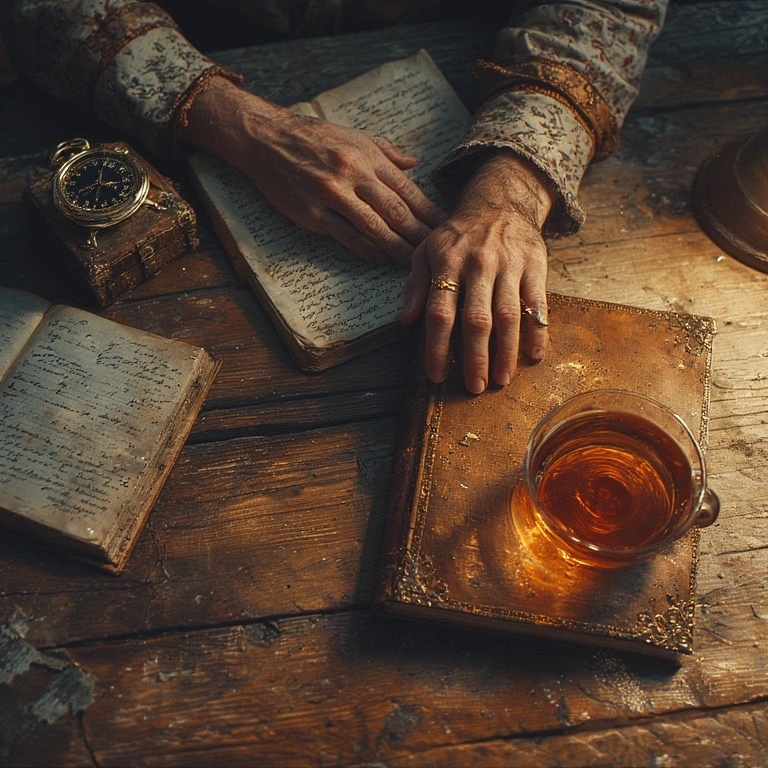 desk with old person hands and tea