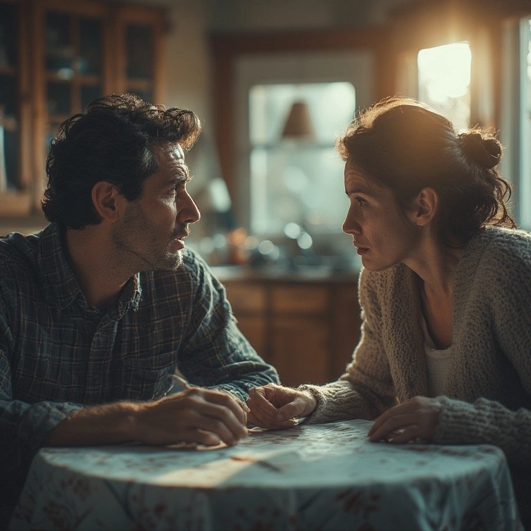 couple sitting at a table talking