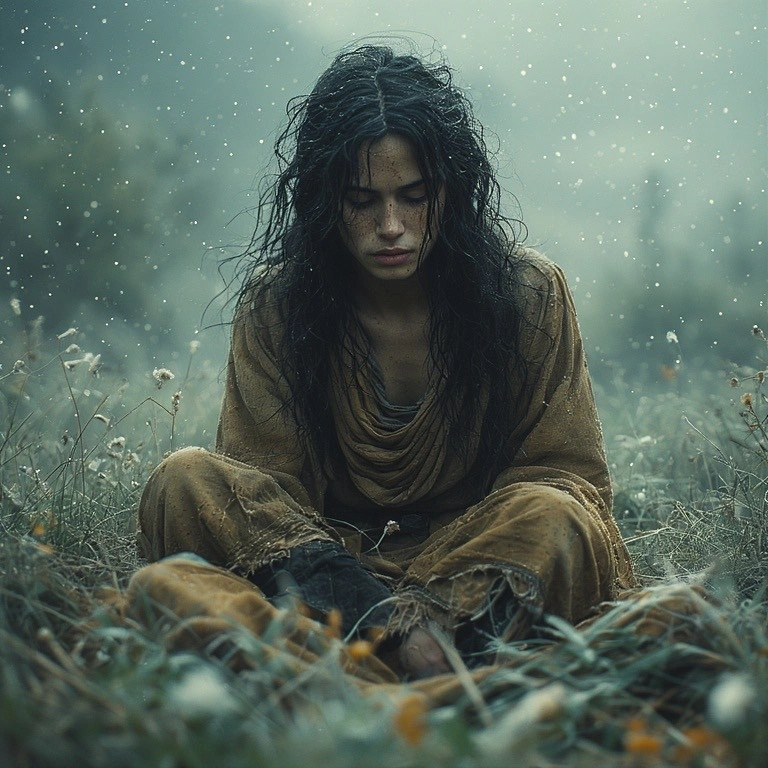 woman looking sad sitting on grass