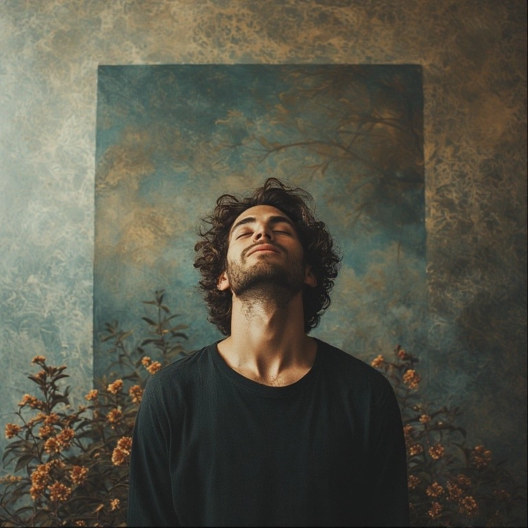 man looking peacefully at the ceiling