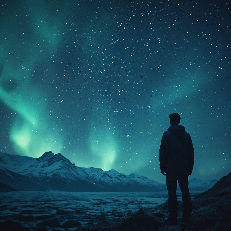man looking at the northern lights