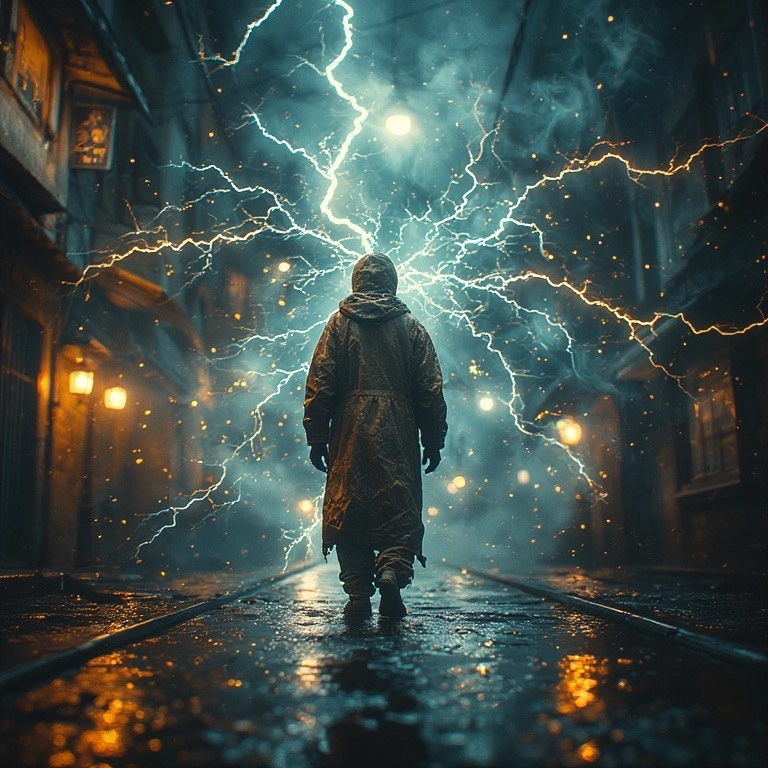 person standing amidst electricity