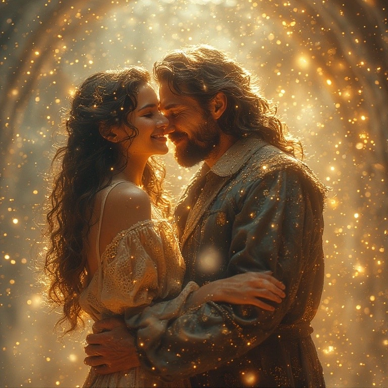 couple embracing with golden light