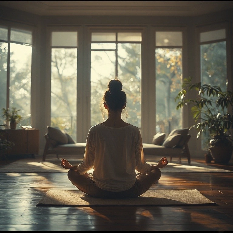 woman meditating by windows