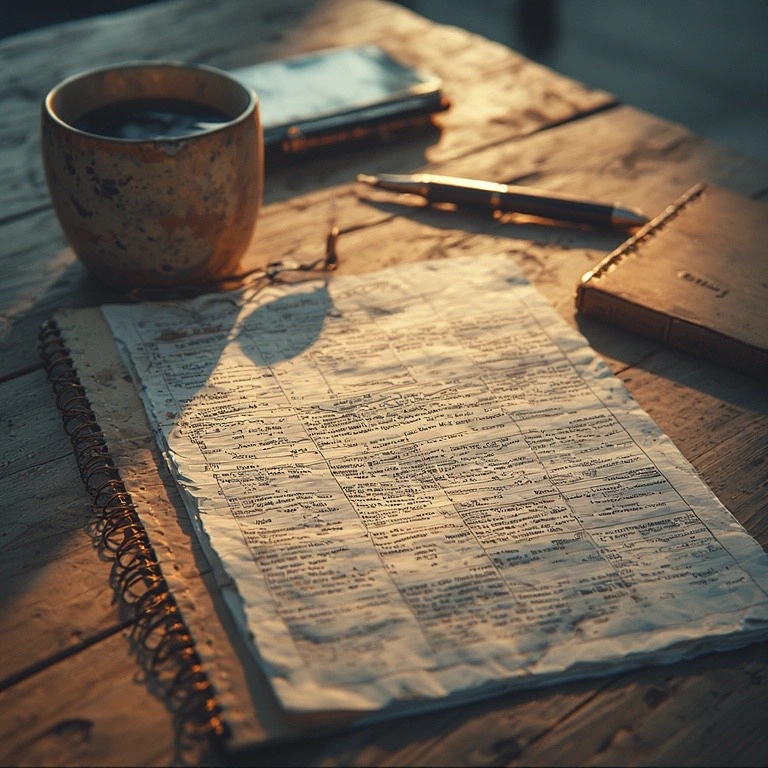 journaling on a wooden table with old paper