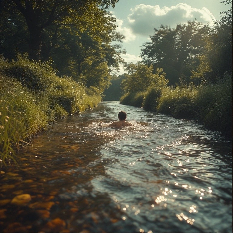 person swimming in a stream