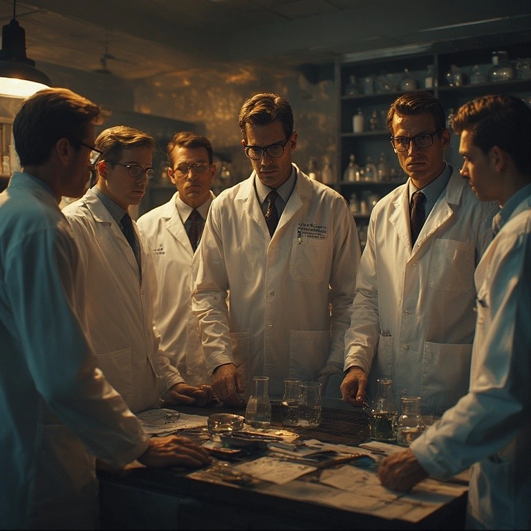 group of scientists standing around a table