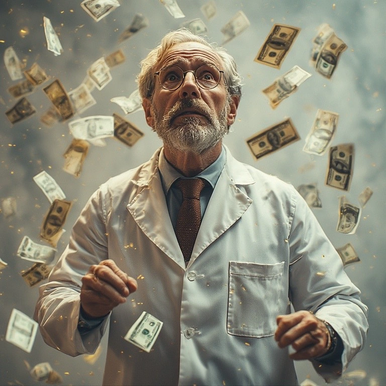 Old white scientist with money raining down