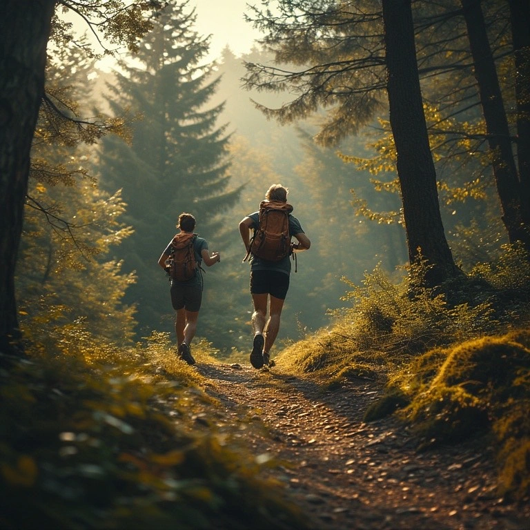 people running through trees