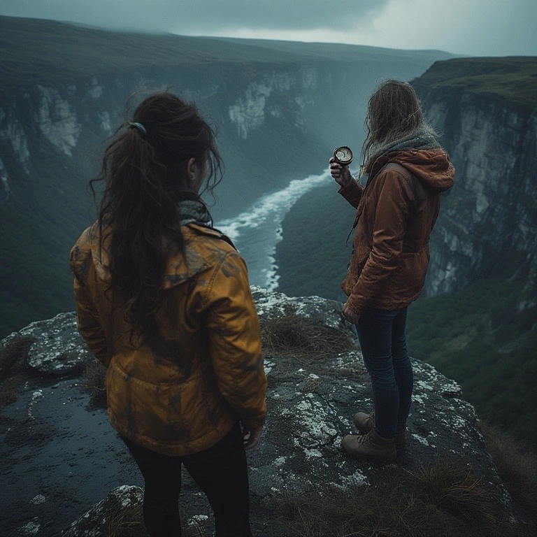 women on a cliff walking