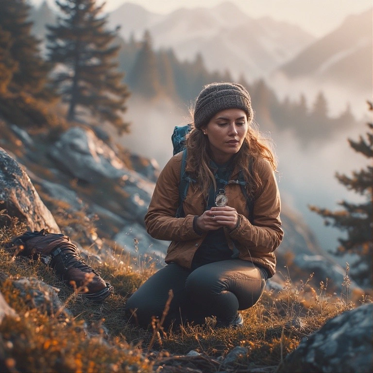 woman crouching down on a nature walk