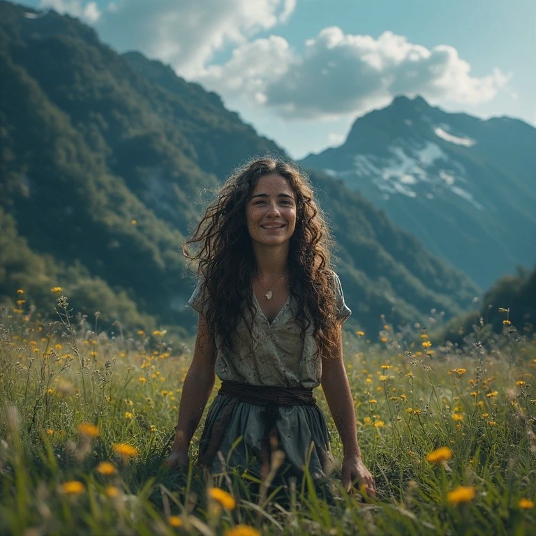 woman walking through a meadow