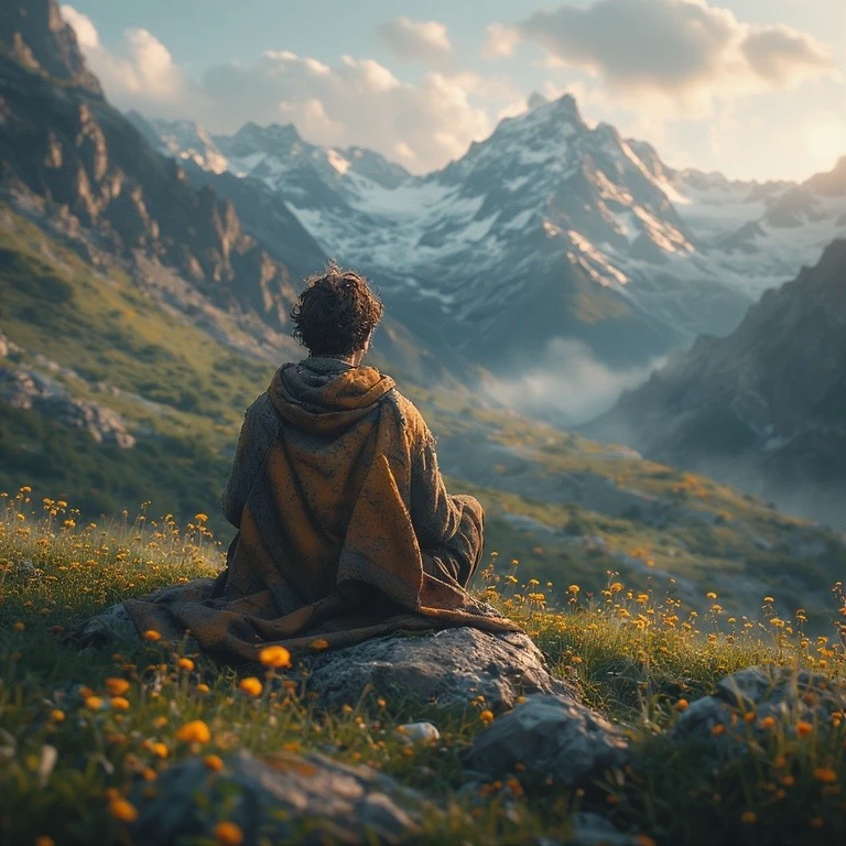 man meditating on the fields by mountains