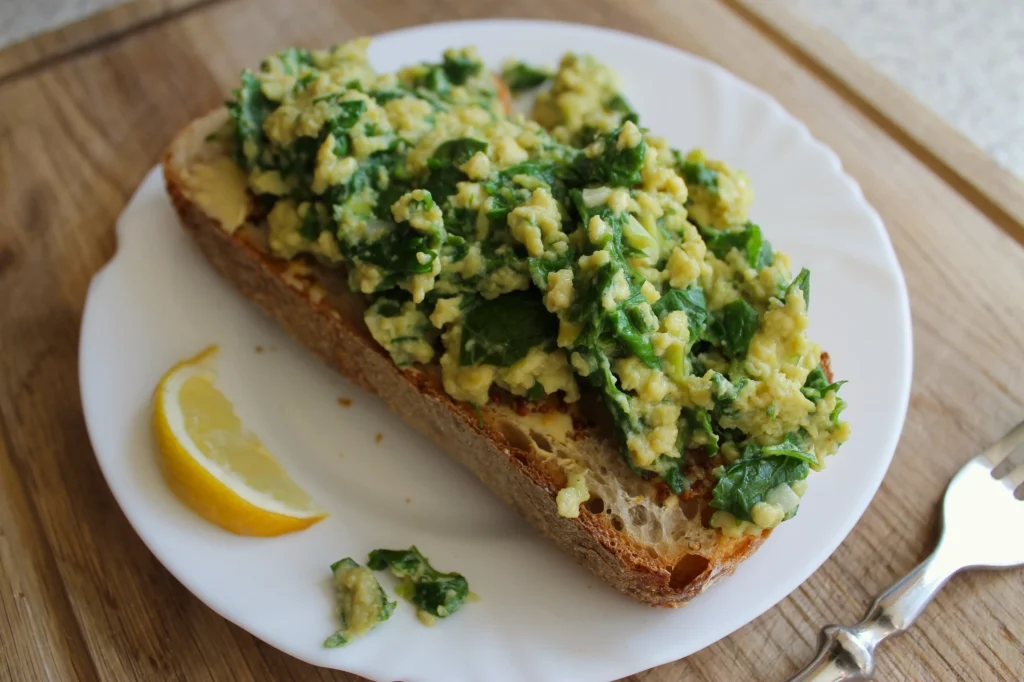 scrambled egg with greens on toast