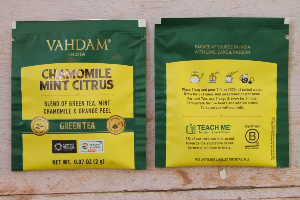 vahdam chamomile mint citrus teabags
