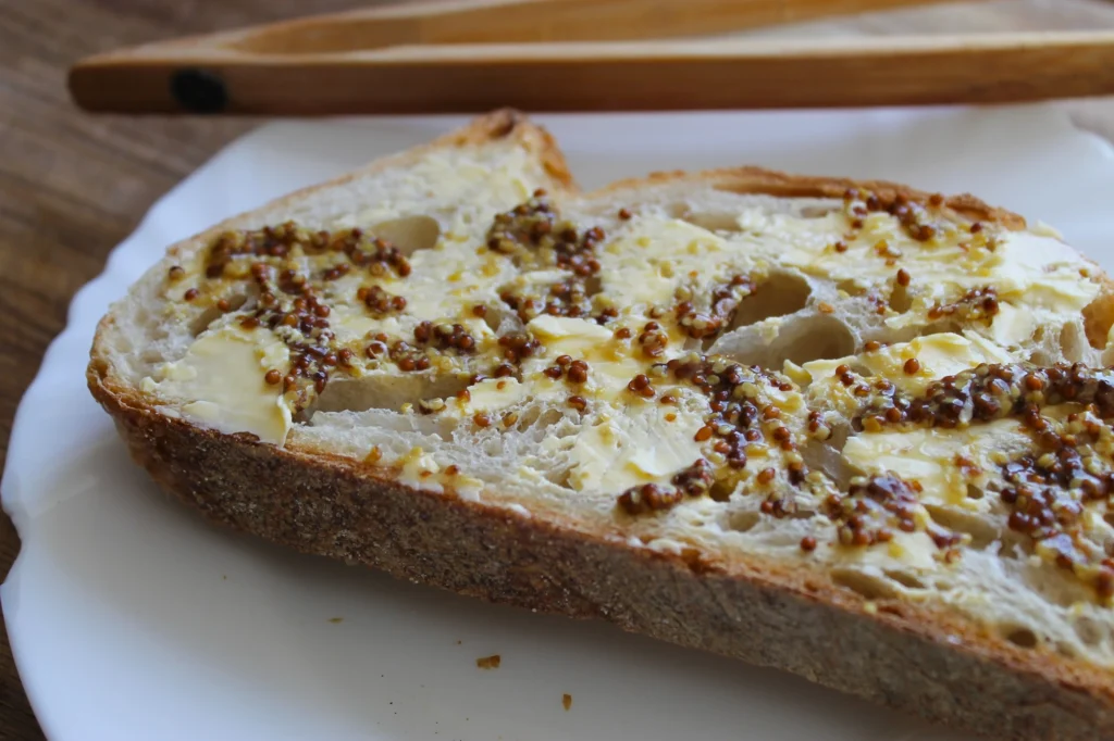 wholegrain mustard on sourdough toast